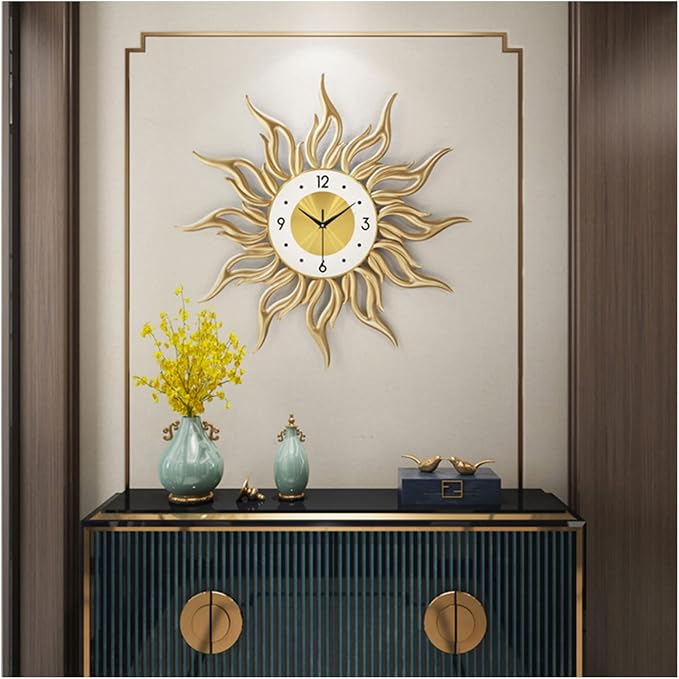 Large Sunburst Wall Clocks for Living Room Fashion Metal 3D Art Flame Design Silent Non Ticking Quartz Clock Creativity Wall Watches Gold 60CM