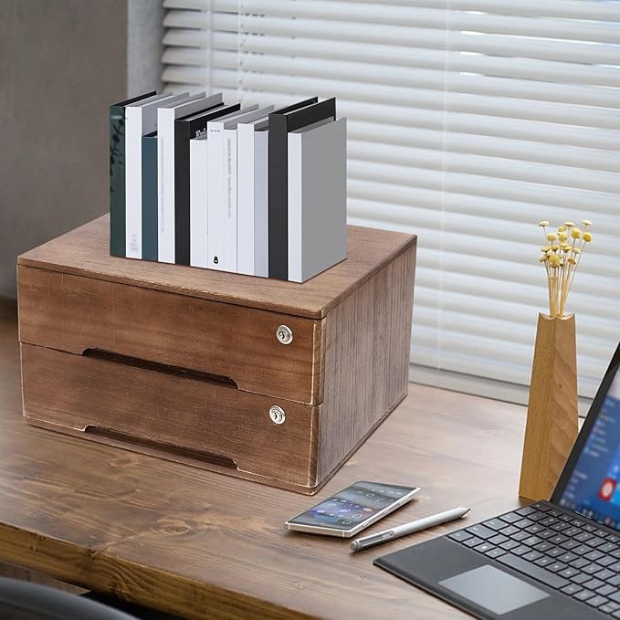 Desktop File Organizer with Lock, 2/3/4 Tier Multi-Drawer Wooden Storage Cabinet, Office Supply Organizer for Home Desk, Study & Workplace (Walnut, 2 Layers)