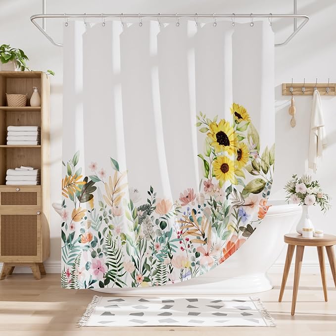 AmazerBath Floral Shower Curtain, Cloth Fall Flower Shower Curtains for Bathroom Decor, Rustic Washable Sunflower Eucalyptus and Leaves Fabric Shower Curtain Sets with 12 Metal Hooks, 72x72 Inches
