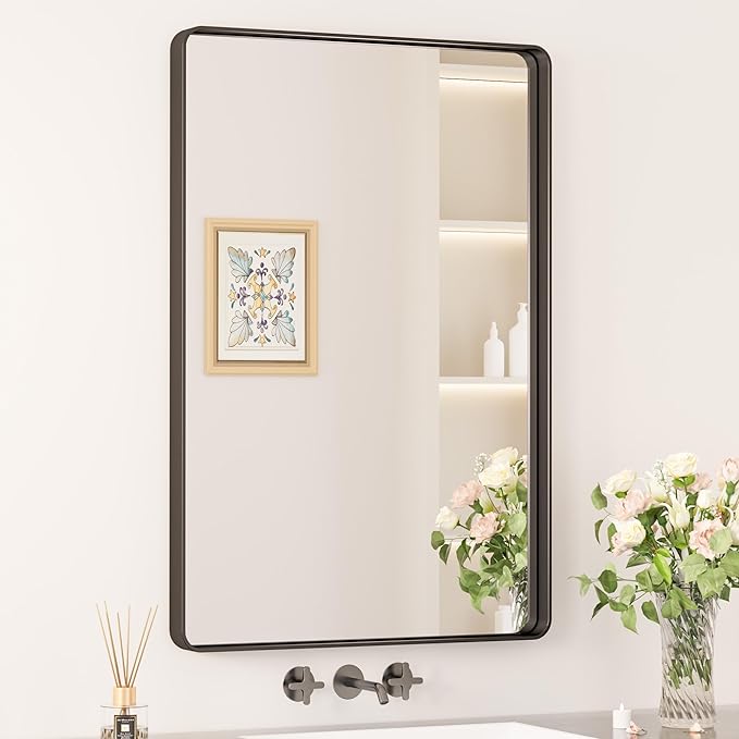 Keonjinn Black Bathroom Mirror for Vanity 24 x 36 Inch Metal Framed Wall Mirror Matte Black Rounded Rectangle Farmhouse Mirror, HD Tempered Glass, Wall-Mounted Decorative Mirrors(Horizontal/Vertical)