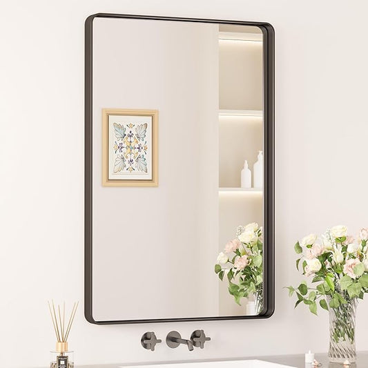 Keonjinn Black Bathroom Mirror for Vanity 24 x 36 Inch Metal Framed Wall Mirror Matte Black Rounded Rectangle Farmhouse Mirror, HD Tempered Glass, Wall-Mounted Decorative Mirrors(Horizontal/Vertical)