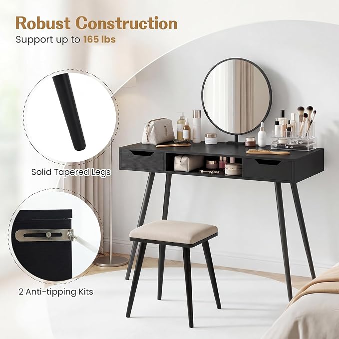 Giantex Mid Century Modern Computer Desk with Drawers, 42.5" Writing Desk with Open Storage Cubby, Vanity Table with Metal Leg, Compact Wooden Study Table for Small Spaces Home Office (Black)