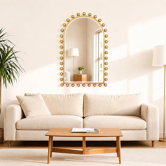 24x36 Inch Arched Wall Mirror with Antique Gold Ball Frame, Beveled Arched Decorative Wall Mirror, Vintage Gold Accent Mirror for Living Room, Entryway, Bedroom, Hallway & Over Console Decor
