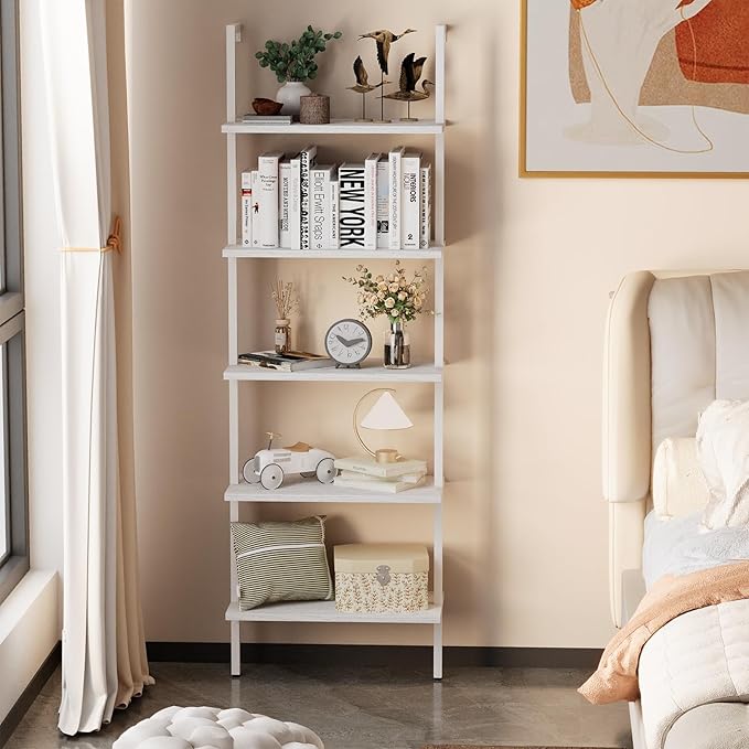 aboxoo Ladder Shelf 2 PCS White Bookshelf 5-Tier Wooden Open Shelf Wall-Mounted Wood Rack Industrial Modern Plant Flower Stand Utility Organizer Bookcase Metal Frame Furniture Office Kitchen Bedroom