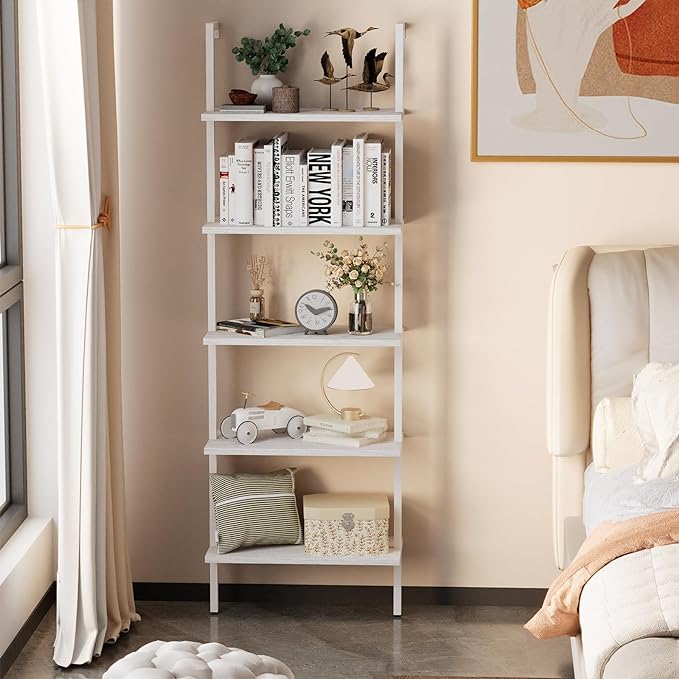 aboxoo Ladder Shelf White Wooden Bookshelf 5-Tier Wall-Mounted Open Wood Rack Industrial Modern Plant Flower Stand Utility Organizer Bookcase Metal Frame Furniture Office Kitchen Bedroom