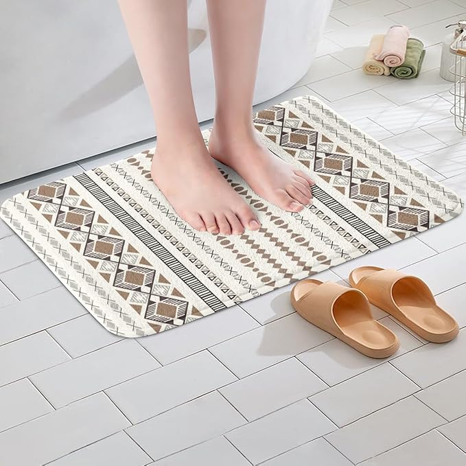 Feelyou Boho Aztec Bath Rugs 16"x24" Western Bohemian Striped Bathroom Rugs Brown White Bath Mats for Bathroom Women Girls Soft Non Slip West Cowboy Traditional Theme Bathroom Accessoriess