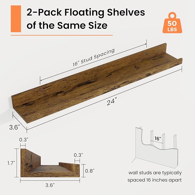 RICHFOCUS Picture Ledge Shelf, 24 inch Floating Shelves Set of 2, Wood Wall Shelves with Lip, Wall Decor Storage for Bedroom Living Room Bathroom Kitchen Nursery Photo Picture, Rustic Brown