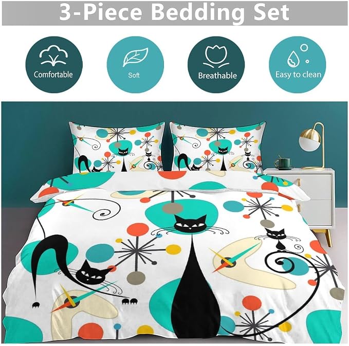 Mid Century Cat Bedding Set,Retro Black Cat Atomic Diamond Star Abstract Geometric Minimalist Simple Modern Comforter Set with Pillowcase for Bedroom Bed Decor,Queen 90"x90"