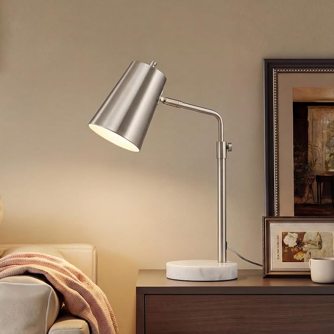 VONLUCE 20" Desk Lamp with LED Bulb, Metal Table Lamp Marble Base, Mid Century Modern Reading Lamp Office, Industrial Task Lamp Work Lamp for Reading Bedroom, Nickel