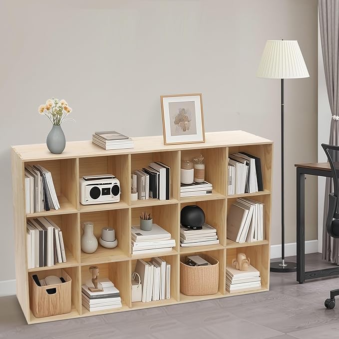 15-Cube Storage Organizer Solid Wood Cube Shelf with Deep Compartments, 220 lbs Capacity Wooden Cubby Bookcase for Living Room, Office, Dorm (15 Cube)