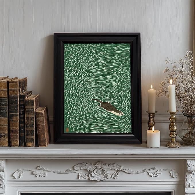 Vintage Framed Japanese Otter Swimming Poster Funny Nature Wild Animal Pictures Retro Minimal Green Water Canvas Wall Art for Living Room Bedroom Bathroom 16x24 inch