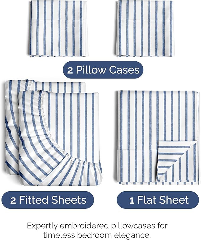 Split King Size 5 Piece Sheet Set - Comfy Breathable & Cooling Sheets - Hotel Luxury Bed Sheets for Women & Men - Deep Pockets, Easy-Fit, Soft & Wrinkle Free Sheets - Blue Stripes Oeko-Tex Bed Sheets