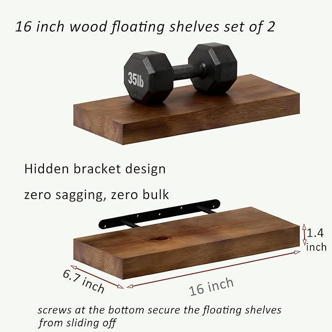BEE Floating Shelves for Room Wall Rustic Walnut Wooden Bathroom Wall-Mounted Shelf Over Toilet Decor 16 Inch Storage Wood Shelves for Living Room, Bedroom, Kitchen Farmhouse 16D x 6.7W Set of 2