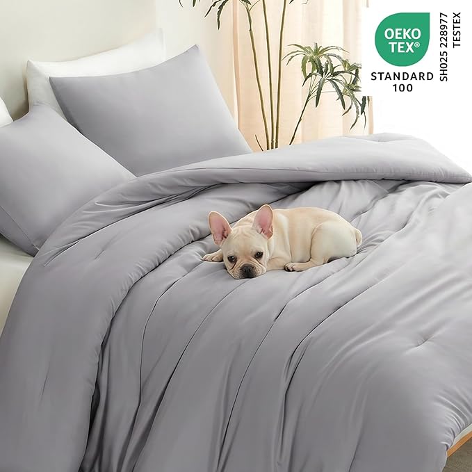 CozyLux Full Size Comforter Set Grey, 3 Pieces Lightweight Down Alternative Quilted Bedding Sets, Gray All Season Soft Breathable Solid Comforter with 2 Pillowcases, Luxury Bed Set Gift for Home