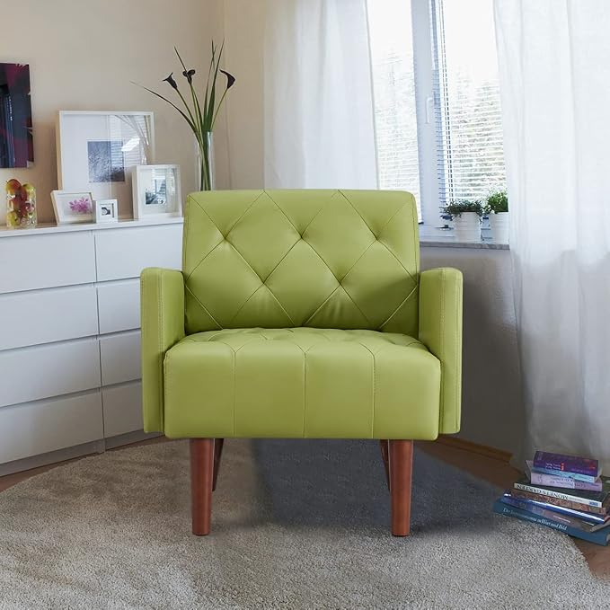 Faux Leather Accent Chair, Modern Retro Arm Chair for Living Room and Bedroom Tufted Upholstered Sofa Club Chair Comfy Armchair for Small Spaces Bedroom Office (Olive)
