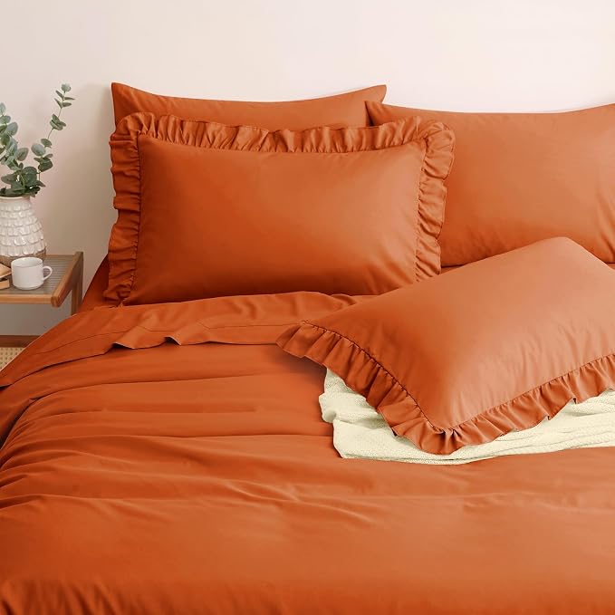 Horbaunal Burnt Orange Ruffle Sheets Queen Size 6 Piece, Fits 16" Deep Mattress, Microfiber Orange Queen Sheets with 2 Ruffled Pillowcases, Shabby Chic Queen Bed Sheet Set