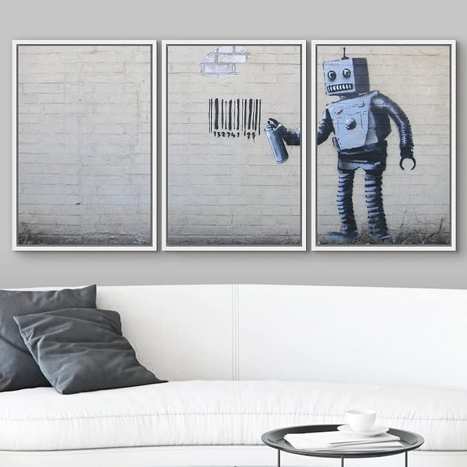 wall26 - Robot Graffiti Banksy Street - Framed Canvas Art Wall Art - 24"x36"x3 White
