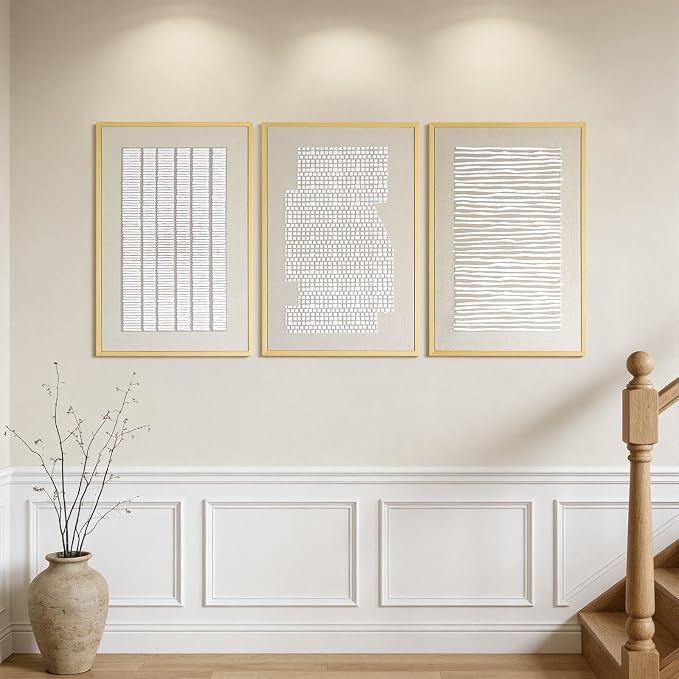 Thalasse 3D Textured Abstract Wall Art for Bedroom, 3 Piece Modern Minimalist Line Canvas Artwork for Walls, Beige White Framed Pictures with Solid Wood for Living Room Decor, 16x24 In