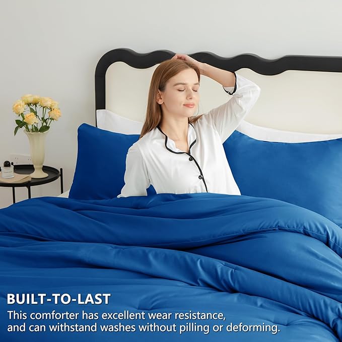 CozyLux Queen Comforter Set Classic Blue, 3 Pieces Lightweight Comforters Queen Size Bedding Sets, All Season Breathable Solid Down Alternative Comforter with 2 Pillowcases, Bed Set Gift for Home