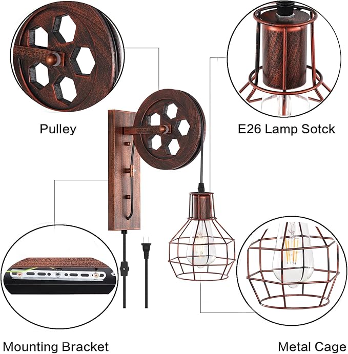 Plug in Wall Sconce Rustic Wall Light Lift Pulley Matte Iron Cage Shade Industrial Mid Century Wall Lamp Indoor Lighting Barn Restaurant Wine Cellar(Rust Color)