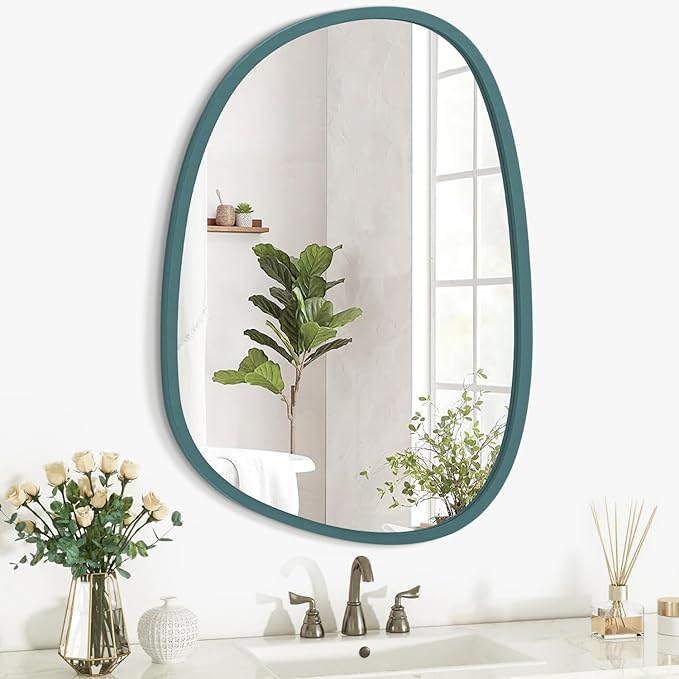 Blue Modern Asymmetrical Small Mirror Irregular Mirror for Wall Decor Wooden Framed Hanging Wall Mirror Unique Shape Vanity Oval Mirror Decorative for Bedroom Bathroom Living Room Entryway