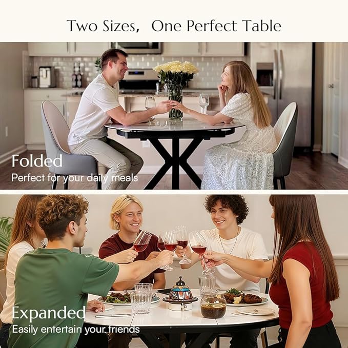 POVISON Modern Extendable Dining Table, 47" to 63" Round to Oval Sintered Stone Kitchen Table with Carbon Steel Pedestal Base for 4-6, White with Black(Table Only