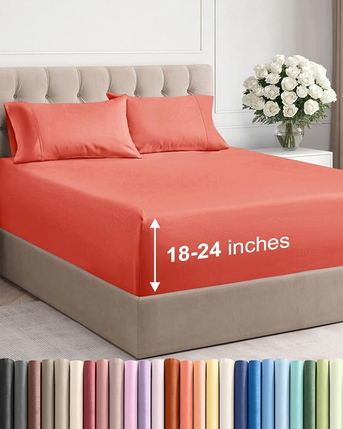 Extra Deep Twin Sheet Set - 4 Piece Breathable and Cooling Sheets - Hotel Luxury Bedding for Women, Men, Kids & Teens - Easy & Secure Fit - Soft, Wrinkle Free and Comfy - Extra Deep Pockets - Coral