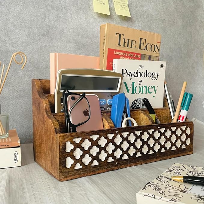 Mie Creations Wooden Office Mail Organizer for Desk Table, Vintage Wood Stationery Storage Pen Holder Desktop Accessories, 5 Compartments Bill Sorter, 13'' Large Caddy for Home, Art Supplies- White