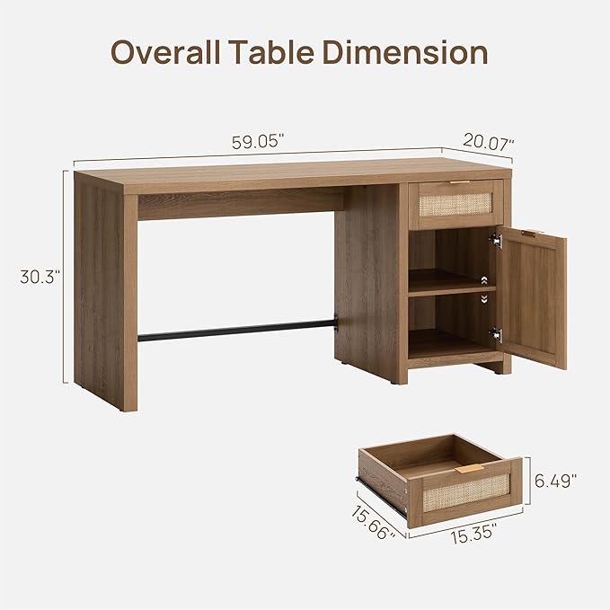 SICOTAS Rattan Executive Desk with Storage, 59" Boho Home Office Desk with Cabinets and Drawers, Large Computer Table Vanity Desk for Office, Study, Living Room, Oak