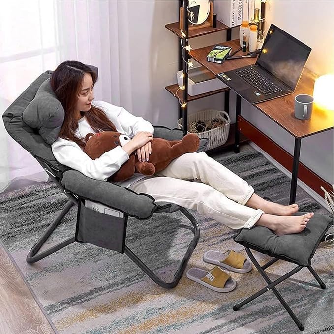 Lazy Chair with Ottoman, Adjustable Lazy Chaise Lounge with Side Pocket Folding Lounge Reclining Sofa Chair with Armrest for Bedroom Living Room Balcony, Grey