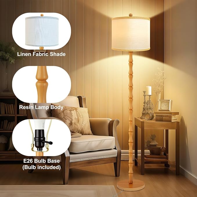 Vintage Wood Floor Lamps with Rotary Switch, 3 Color Temperatures Bulb,Modern Farmhouse Floor Lamps for Living Room,Rustic Standing Lamp for Bedroom,Tall Lamp for Office Corner Nursey Decor