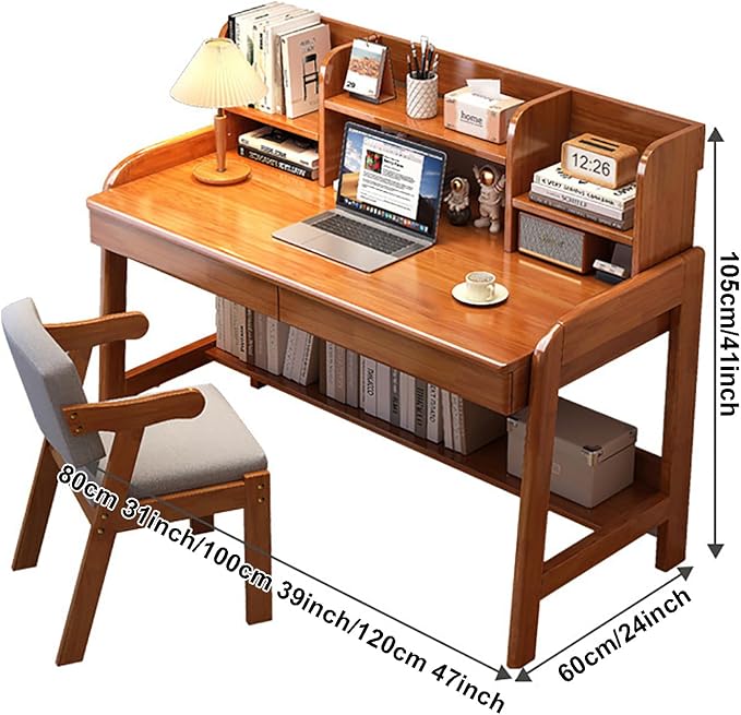 Solid Wood Writing Desk, Mid-Century Modern Computer Desk with Hutch and 2 Drawers, Simple Study Table for Home Office Workstation with Open Storage Shelf