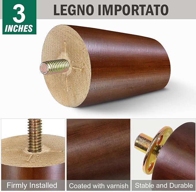 FoDau770 Brown Rubber Wood Furniture Legs 3 Inches, Slant Tapered Wood Feet Mid Century Sofa Legs Set of 4, 5/16" UNC Furniture Feet Replacement Parts for Cabinet Couch Dresser Chair Ottoman Table