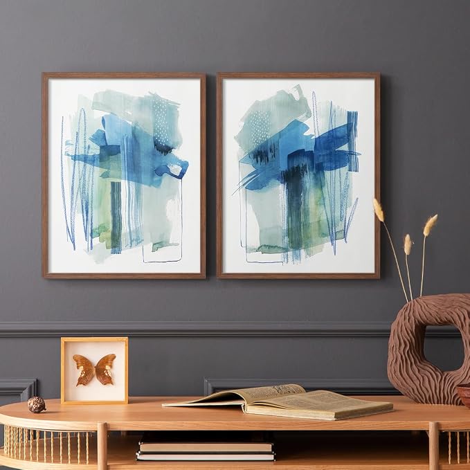 Renditions Gallery Set of 2 Peel & Stick Framed Prints, Modern Abstract Wall Art, Blue and Neutral Bold Brushstrokes Wall Decor, Re-Stickable - Ready to Hang - 22"x28" - Walnut Frame LT588