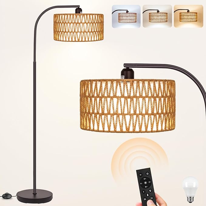Boho Floor Lamp with Dimmable Bulb, Rattan &Linen Double Shades, Bronze Boho Standing Tall Lamps with Foot Switch, Bohemian Floor Lamps for Living Room, Bedroom, Office