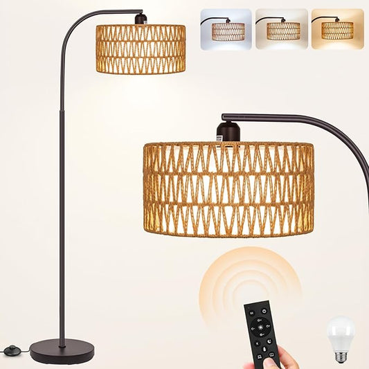 Boho Floor Lamp with Dimmable Bulb, Rattan &Linen Double Shades, Bronze Boho Standing Tall Lamps with Foot Switch, Bohemian Floor Lamps for Living Room, Bedroom, Office