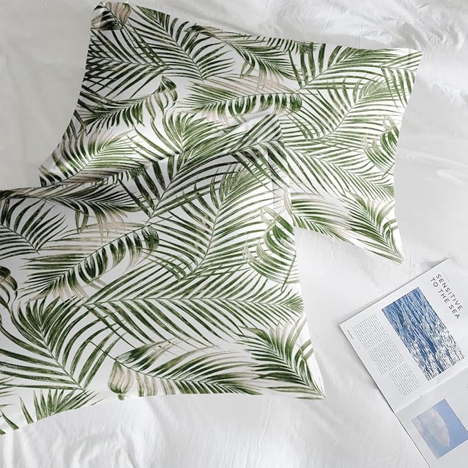 Comforter Set with 2 Pillowcases Queen Size, Tropical Palm Tree Fronds Green Leaves, Bed Decor Botanical Plant Palm Leaf for Kids and Adults, Soft Cozy Bedroom Bedding Set
