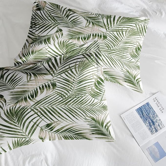 Comforter Set with Pillowcase Twin Size, Tropical Palm Tree Fronds Green Leaves, Bed Decor Botanical Plant Palm Leaf for Kids and Adults, Soft Cozy Bedroom Bedding Set