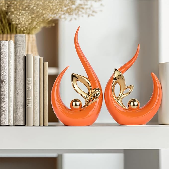 Orange Gold Home Decor Accent,Abstract Ceramic Statue and Sculptures for Living Room,Mid Century Modern Decor for Desktop Bookshelf tv Stand Fireplace Coffee Table Centerpieces Decorations