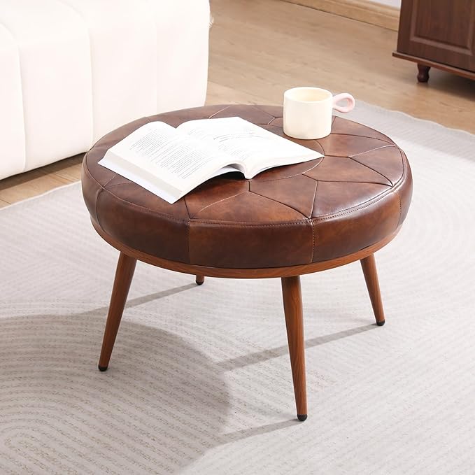 Round Ottoman Coffee Table, 24in Faux Leather Cushioned Footstool Ottoman,Stationary Ottomans, Backless Chair, Footrest for Living Room, Bedroom, Padded Seat, Brown