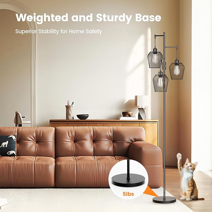 SIBRILLE Dimmable Floor Lamp, Farmhouse Industrial Floor Lamp with Elegant Cage & 3 x 1000LM LED Bulbs, Tall Standing Lamp Black Tree Floor Lamps for Living Room Bedroom Office