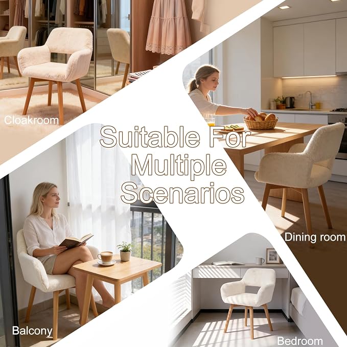 Mid Century Modern Dining Chairs Set of 2 Comfy Accent Chair Upholstered Kitchen Dining Living Room Chairs for Bedrooms Waiting Room Home Arm Desk Chair No Wheels (Rabbit Fur White, 2)