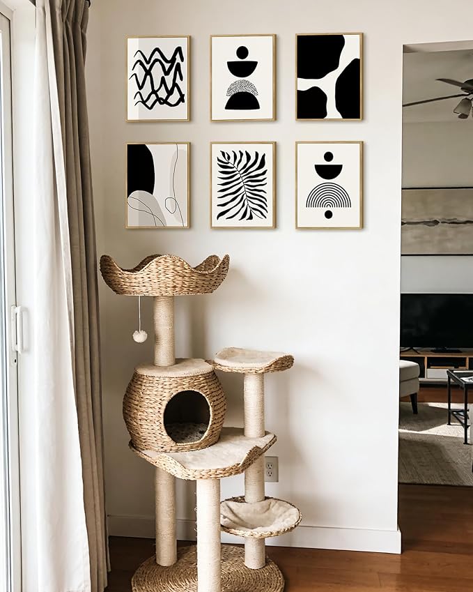 Drsoum Abstract Boho Wall Art Minimalist Geometric Framed Boho Room Decor Black Line Art Mid Century Modern Prints Bohemian Living Room Bedroom Ready to Hang 8x10inx6pcs (Natural Framed)