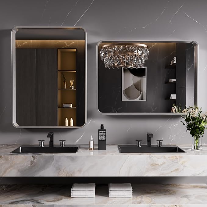Brushed Nickel Bathroom Mirror 40x30 Inch, Brushed Silver Metal Frame Mirror Wall Mounted, Rounded Rectangle Bathroom Vanity Mirror, Tempered Glass, Anti-Rust, Horizontal/Vertical