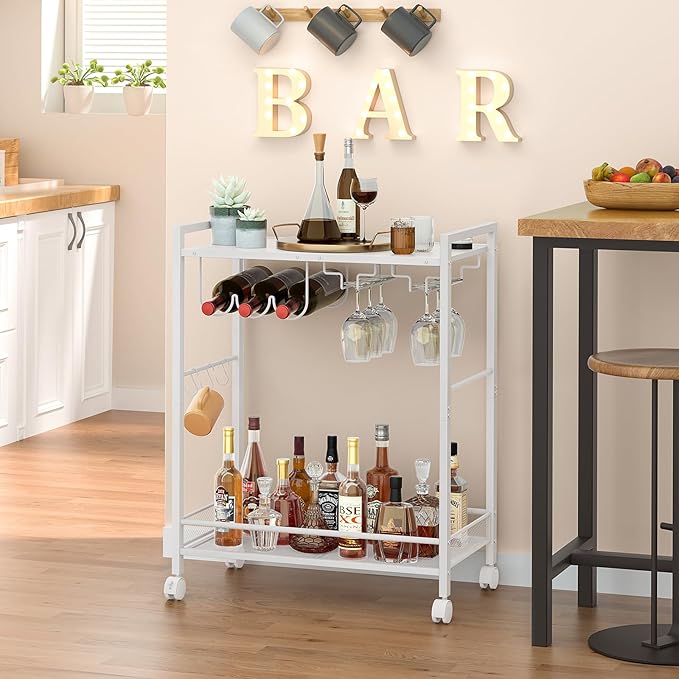 Bar Cart, Home Bar Serving Cart with 2-Tier Shelf,Rolling Beverage Cart with Wheels,Mobile Kitchen Shelf,Modern Wine Drink Cart with Wine Rack and Glass Holder for Kitchen,Dinning Room,White