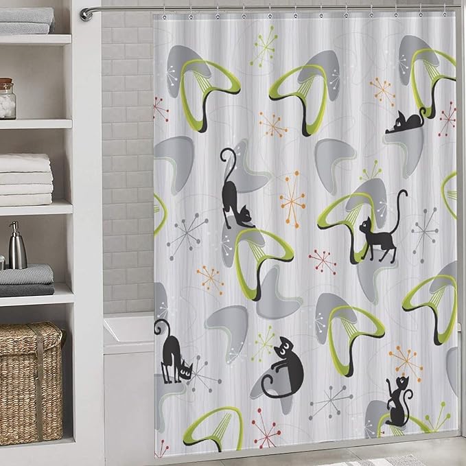 Mid Century Shower Curtain for Bathroom, Retro Geometric Modern Black Cat Abstract Atomic Pattern Lovely Kittey Rustic 1950s 1960s Grey Waterproof Fabric Shower Curtain Set with Hooks,72"x72" Inch