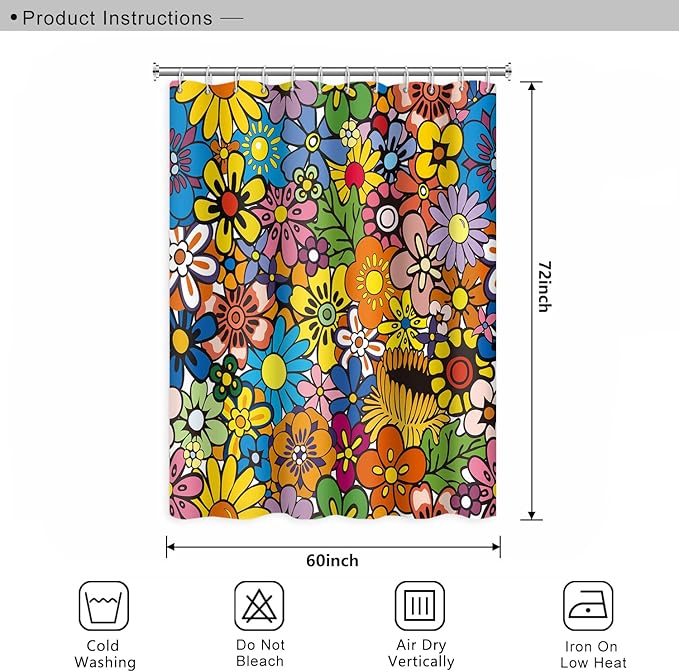 Bohemia Colorful Flowers Bathroom Shower Curtain Funky Retro Hippie 60s 70s Aesthetic Washable Polyester Durable Fabric Home Shower Curtain with Hooks, 60x72 Inch