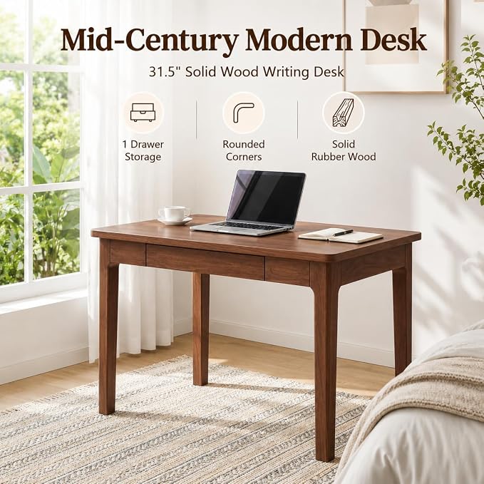 Mid Century Modern Desk with Drawers,31.5 inch Solid Wood Writing Desk for Home Office Bedroom,Small Computer Desk for Spaces Easy Assembly Walnut