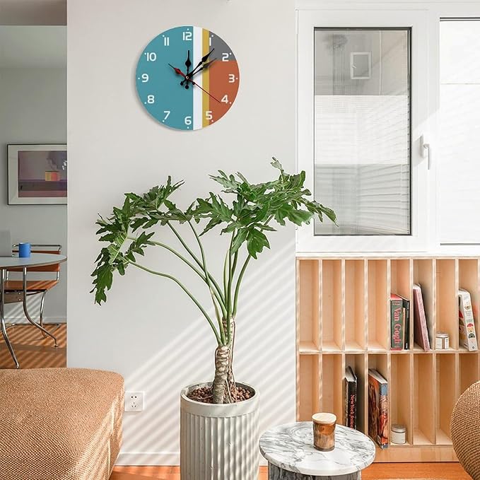 Mid-Century Modern Geometric Wooden Wall Clock Silent Non Ticking | Frameless Battery Operated Decor for Living Room, Kitchen, Bedroom, Office, Gift