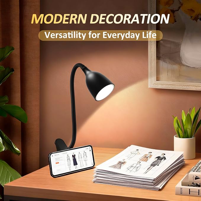 EJIAXIN Desk Lamp for Home Office - Clip on Reading Light and Bed Headboard Clamp Lamp, Bedside Gooseneck Table Lamp, Clip on Desk Lamps, Eye-Caring Desk Lamp for College Dorm Room Study Lamp, Black